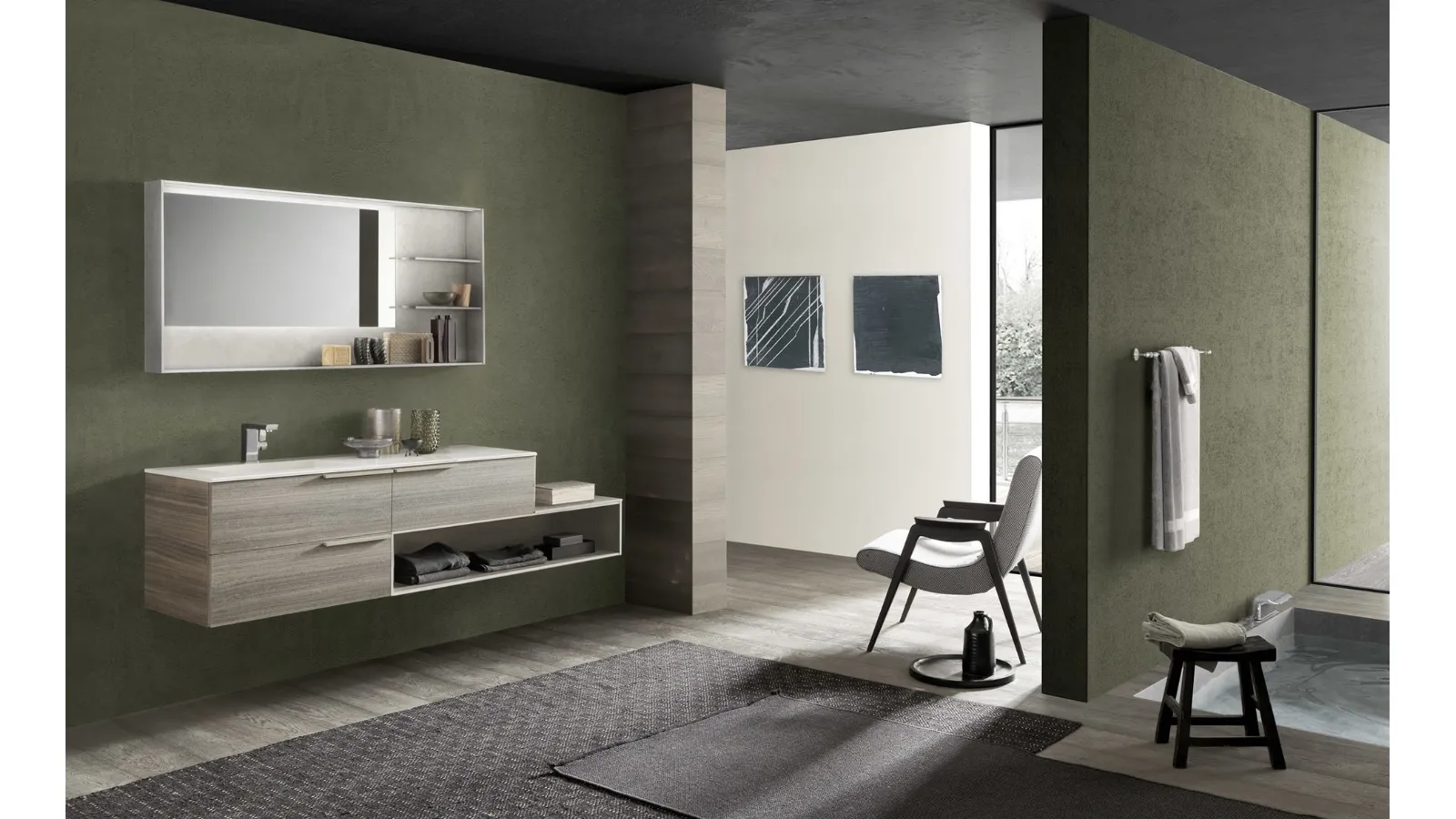 Mobile da Bagno sospeso M System C006 in melaminico Eucalipto Sablè Grigio di Baxar