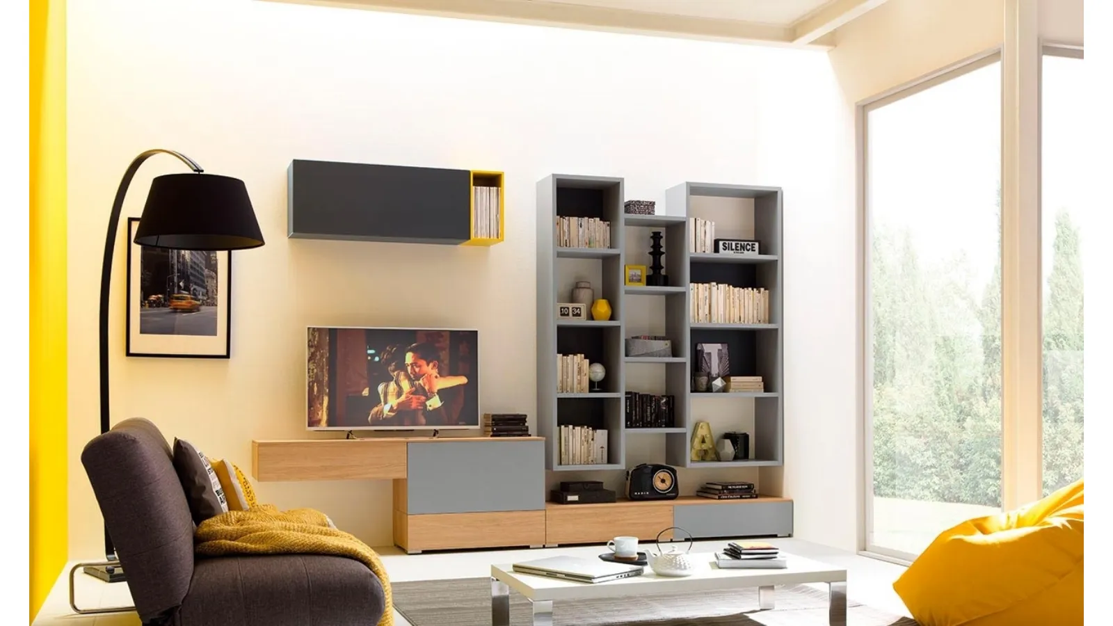 Libreria sospesa in laccato grigio Outline LV105 di Moretti Compact
