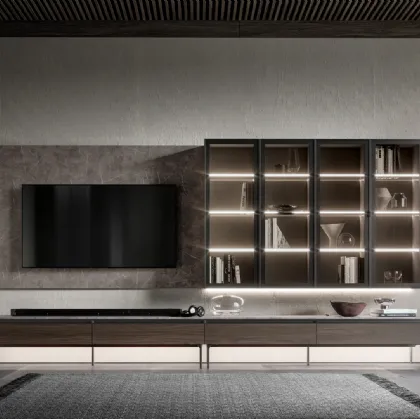 Parete Attrezzata GS301 in melaminico effetto marmo e legno con ante in vetro di SantaLucia