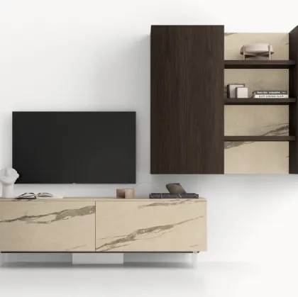 Parete Attrezzata GS302 in melaminico finiture effetto marmo e legno di SantaLucia