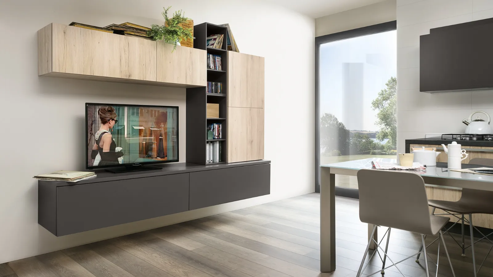 Parete Attrezzata Living Play finitura Rovere Medio e laccato opaco Ardesia di Veneta Cucine