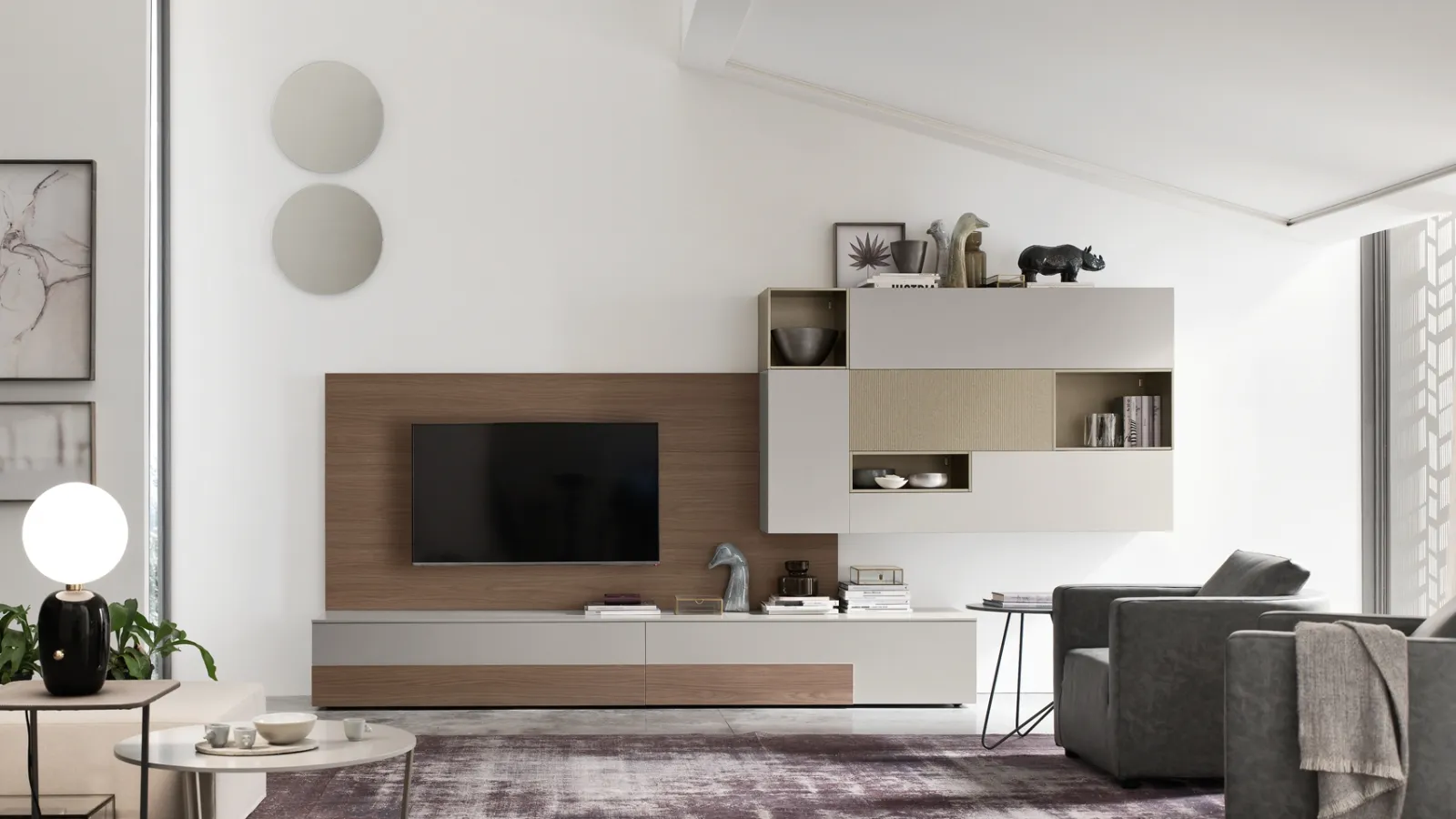 Parete Attrezzata Seta SA2207 in melaminico Rovere Avena e laccato opaco di Maronese Acf