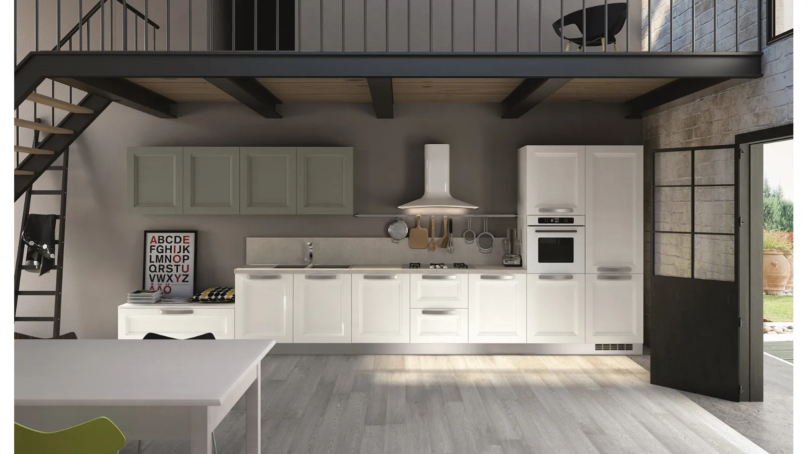 Cucina Classica lineare Alba in Frassino finitura Neve e Cemento di Essebi