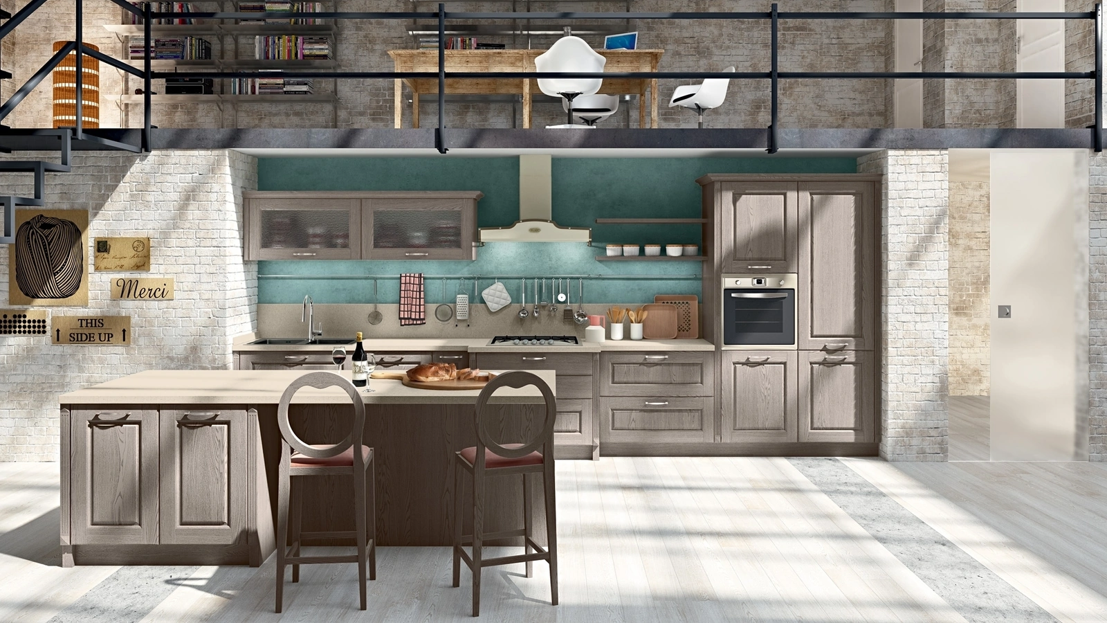 Cucina Classica con isola Maya in frassino finitura Visone di Atra Cucine