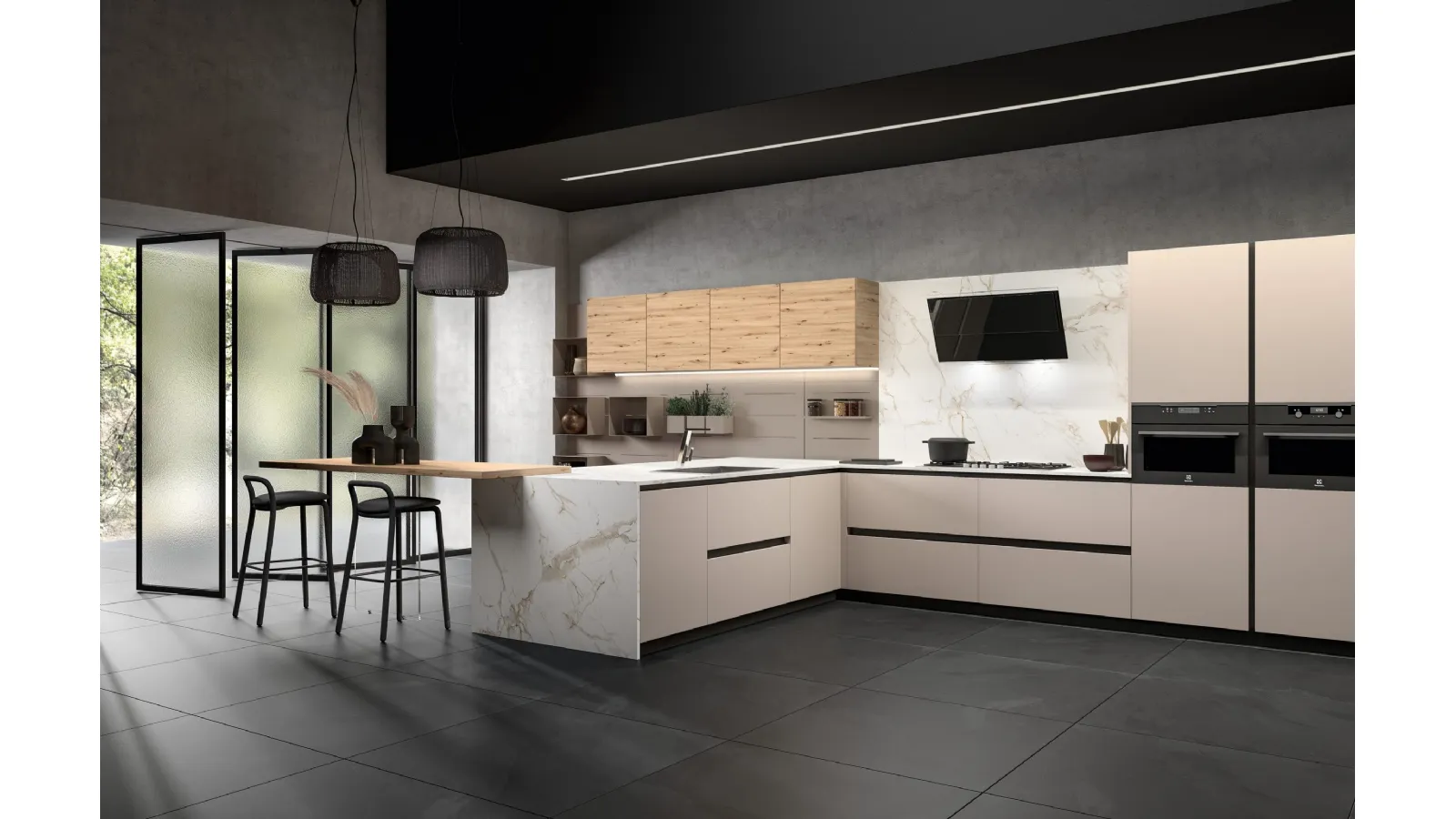 Cucina Moderna con penisola System 22 in laminato Fenix Beige Arizona e melaminico effetto Rovere di Atra Cucine