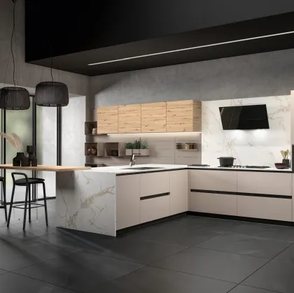 Cucina Moderna con penisola System 22 in laminato Fenix Beige Arizona e melaminico effetto Rovere di Atra Cucine