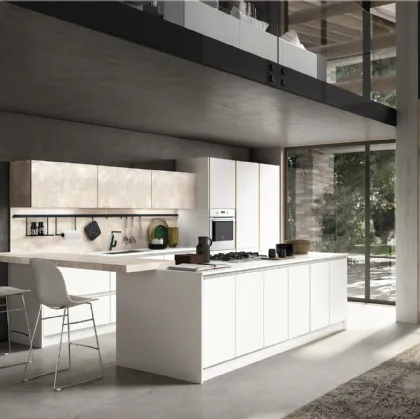 Cucina Moderna con isola e penisola Lab in laminato Bianco Shiky e Botticino di Atra Cucine