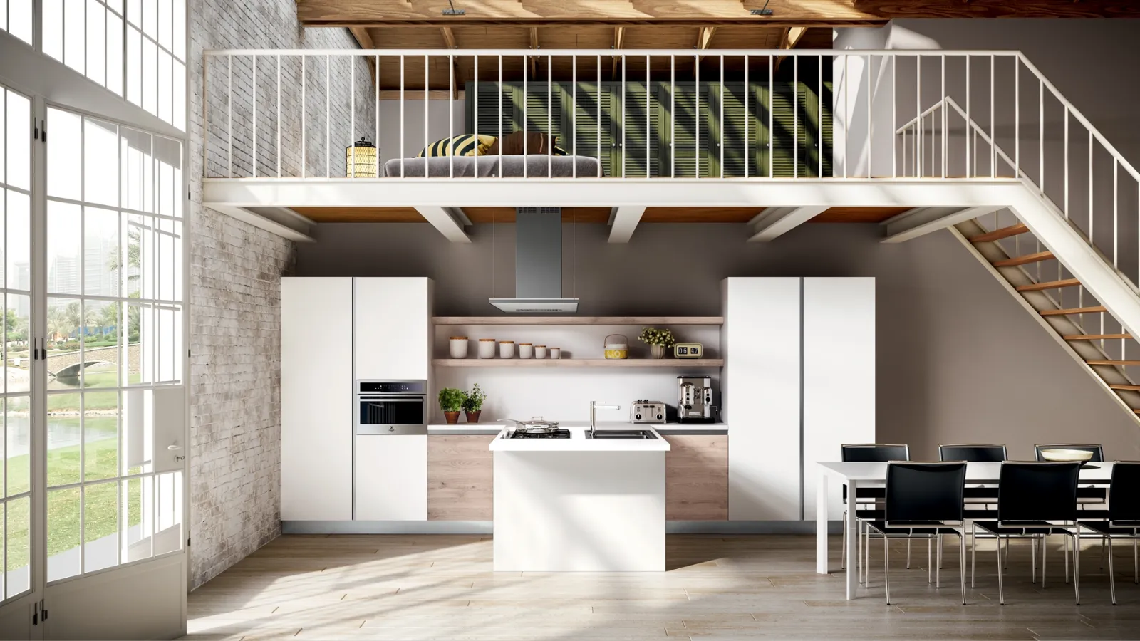 Cucina Moderna Avantgarde con penisola in laminato Fenix Bianco e Rovere naturale di Atra Cucine