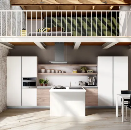 Cucina Moderna Avantgarde con penisola in laminato Fenix Bianco e Rovere naturale di Atra Cucine