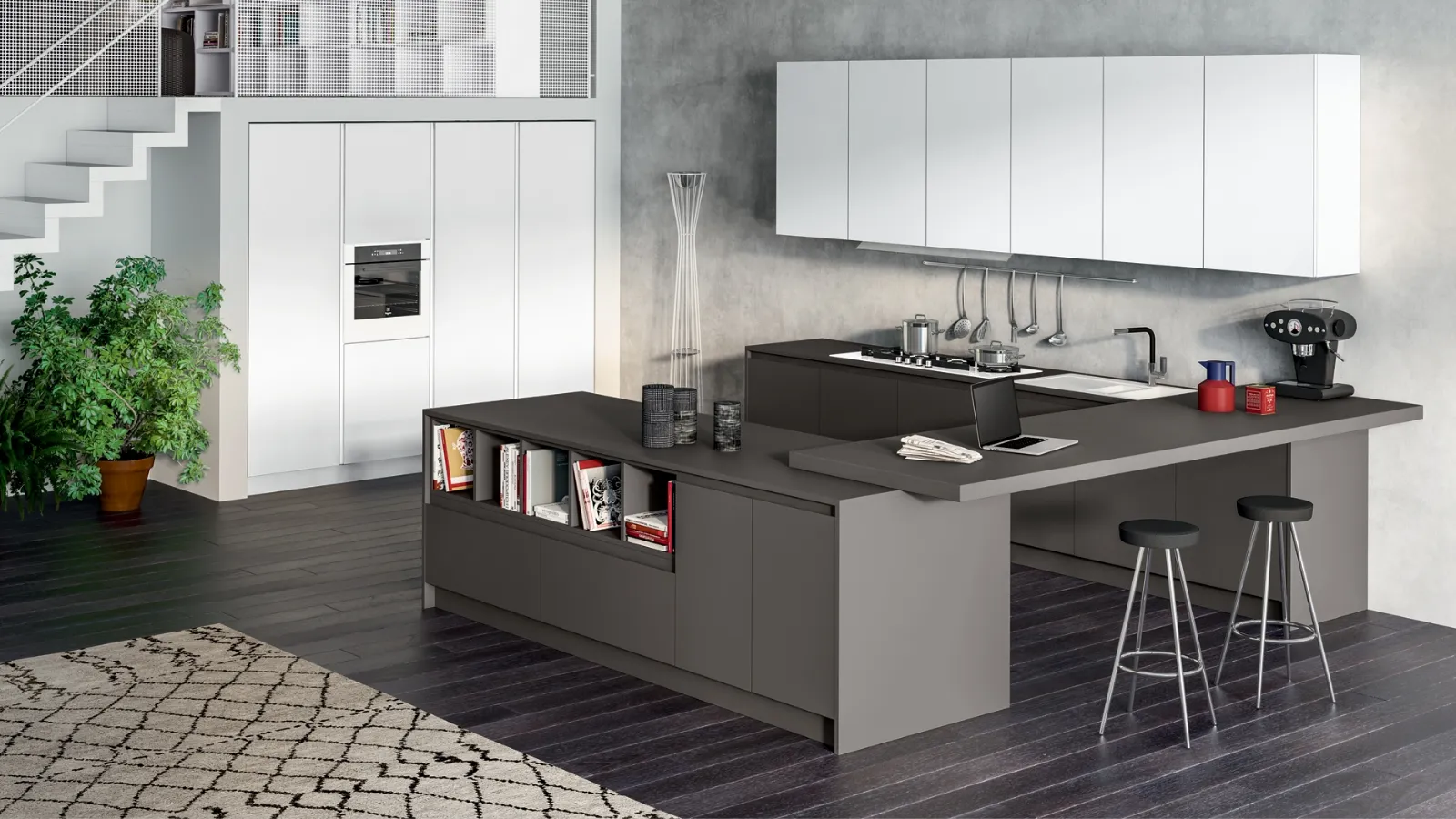 Cucina Moderna con penisola Avantgarde in laminato fenix Grigio Londra e Bianco di Atra Cucine