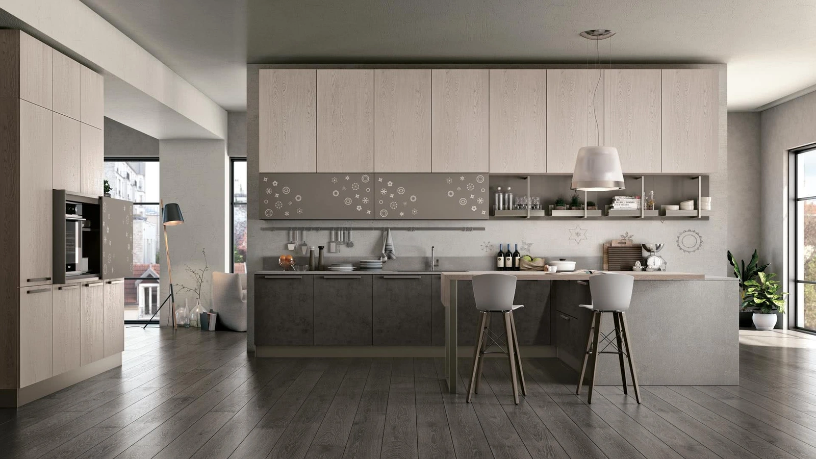 Cucina moderna con penisola in Rovere e laccato Clover 11 di Lube