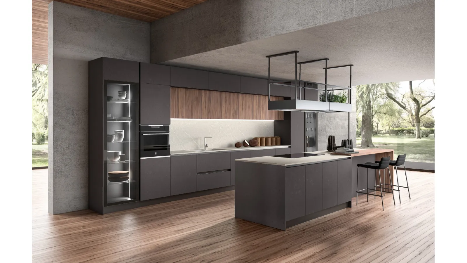 Cucina Moderna con isola System 22 in melaminico Malta Grafite e Noce di Atra Cucine