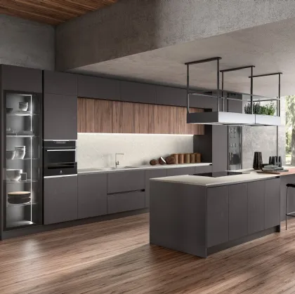 Cucina Moderna con isola System 22 in melaminico Malta Grafite e Noce di Atra Cucine