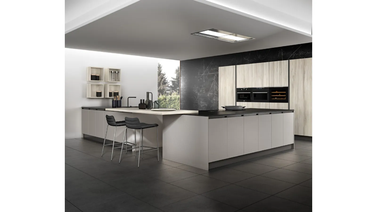 Cucina Moderna con isola e penisola System 22 in melaminico Malta Grigia e Betulla di Atra Cucine