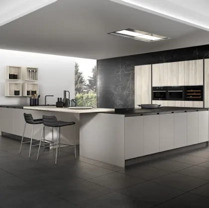 Cucina Moderna con isola e penisola System 22 in melaminico Malta Grigia e Betulla di Atra Cucine