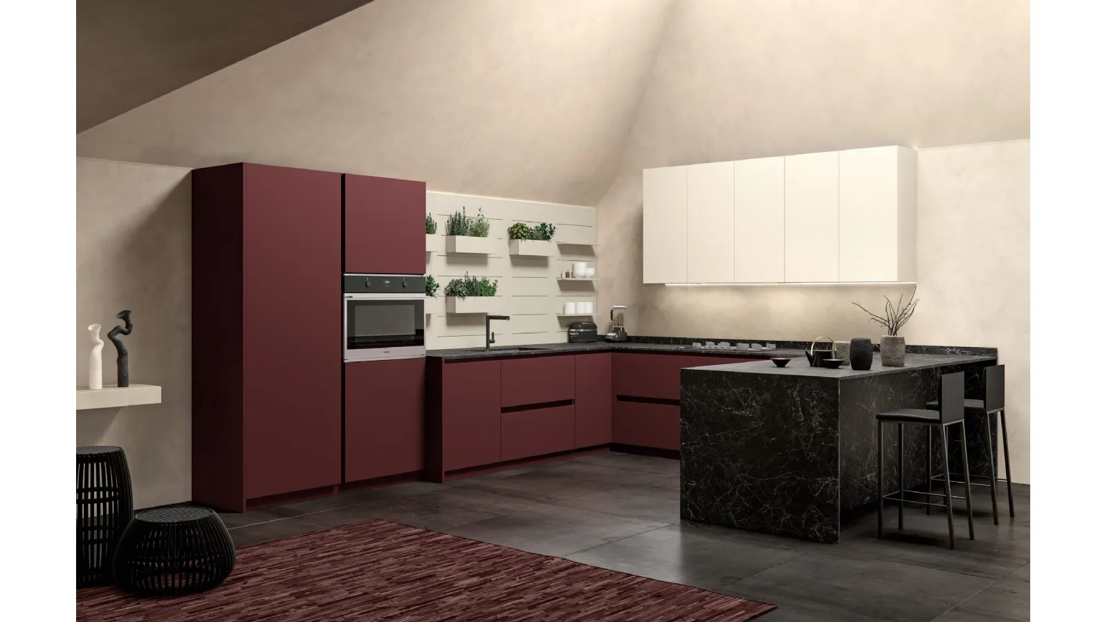 Cucina Moderna angolare con penisola System 22 Rosso Jaipur e Bianco di Atra Cucine