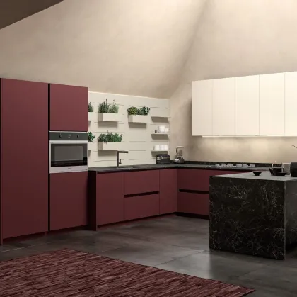 Cucina Moderna angolare con penisola System 22 Rosso Jaipur e Bianco di Atra Cucine