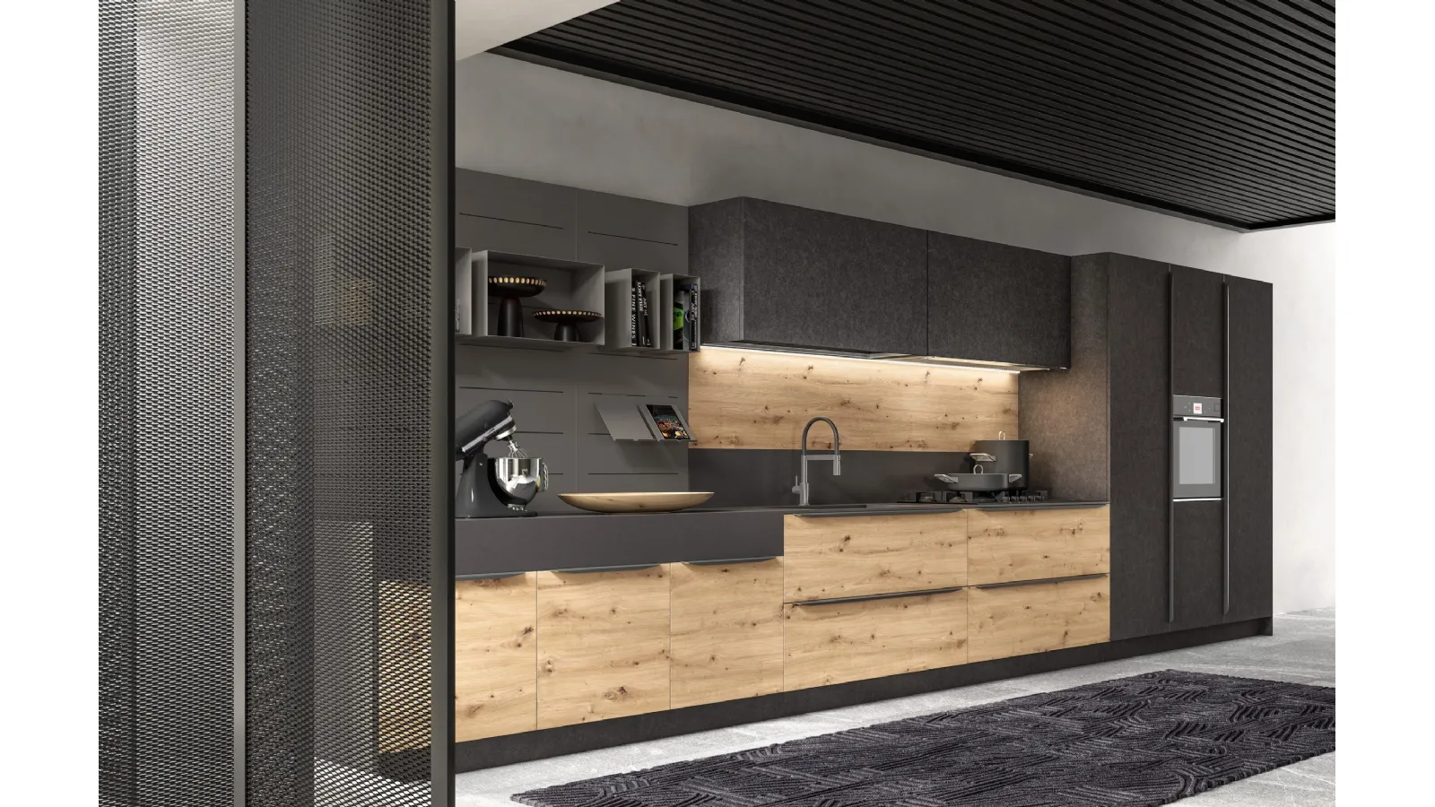 Cucina Moderna lineare Systen 22 in melaminico Artysan Oak e laminato Pietra Nera di Atra Cucine