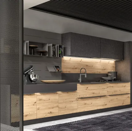 Cucina Moderna lineare Systen 22 in melaminico Artysan Oak e laminato Pietra Nera di Atra Cucine