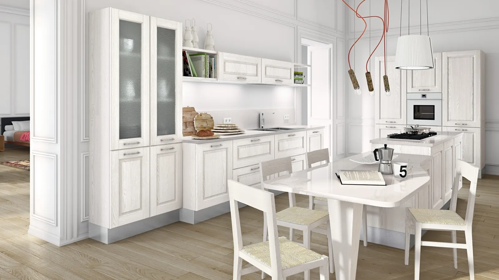 Cucina Shabby Chic lineare Maya in Frassino massello finitura Bianco di Atra Cucine