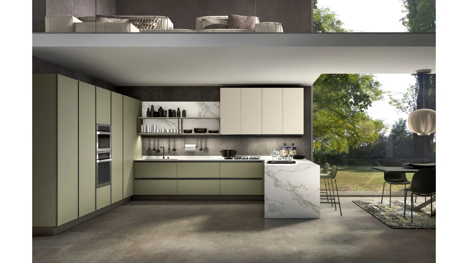 Cucina su misura con penisola Shine Verde e Tortora di Atra Cucine