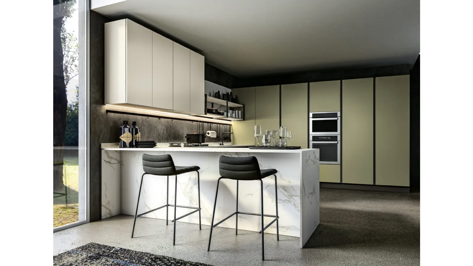 Cucina su misura con penisola Shine Verde e Tortora di Atra Cucine